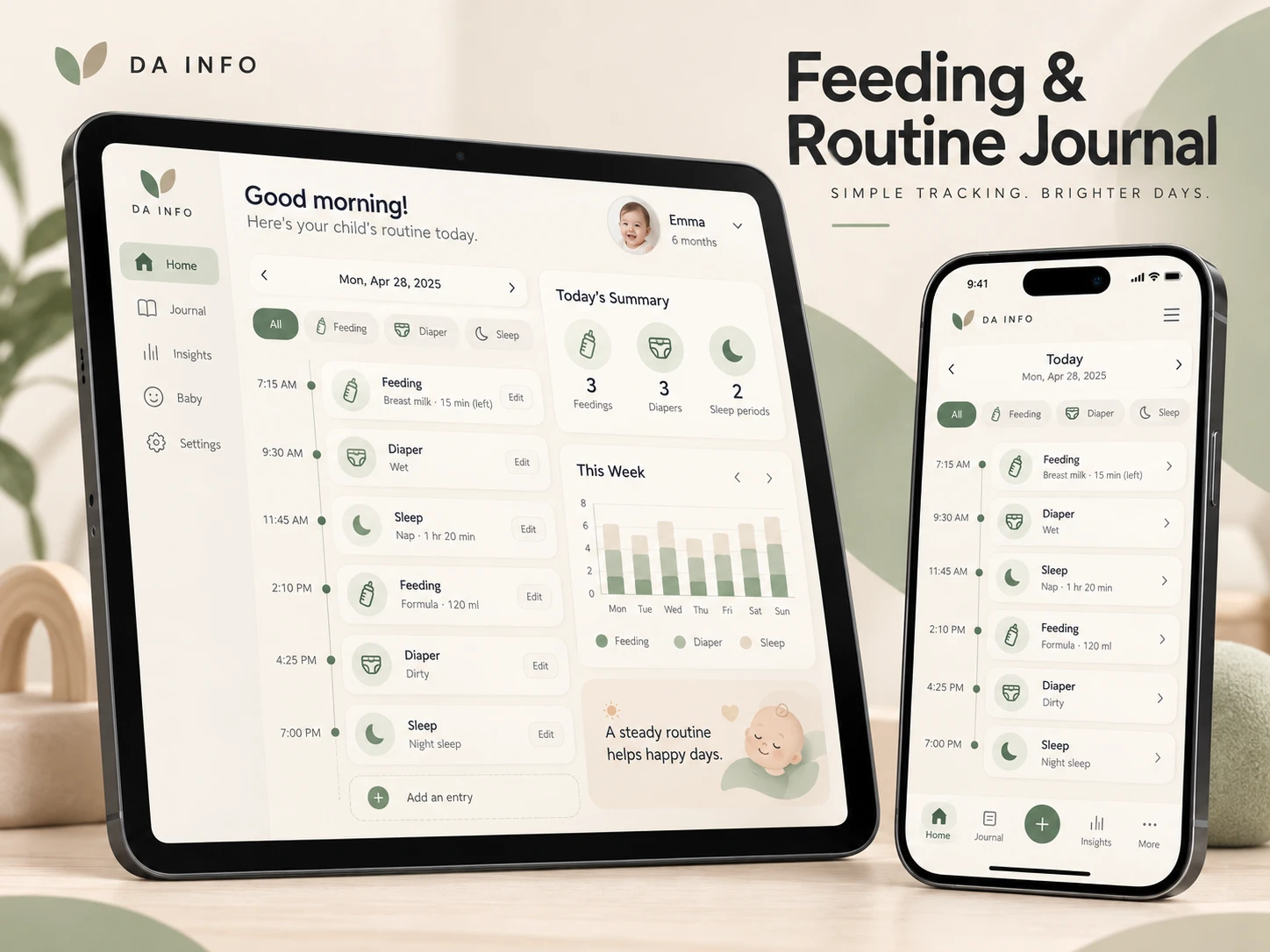 Feeding & Routine Journal app screens