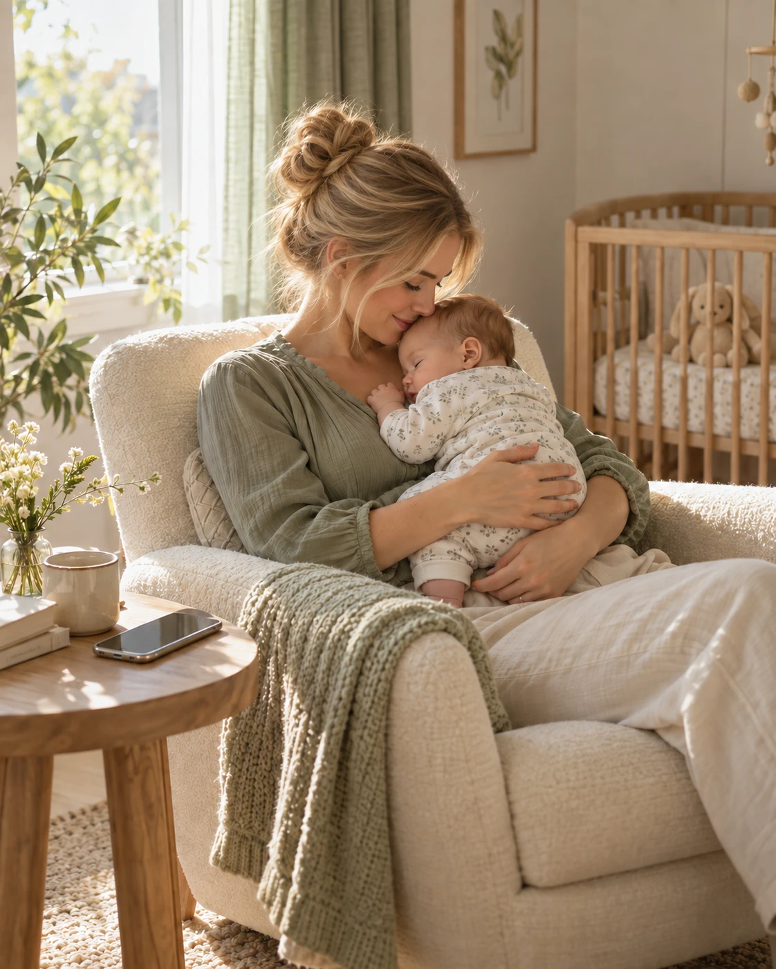 Parent holding a sleeping baby in a calm nursery