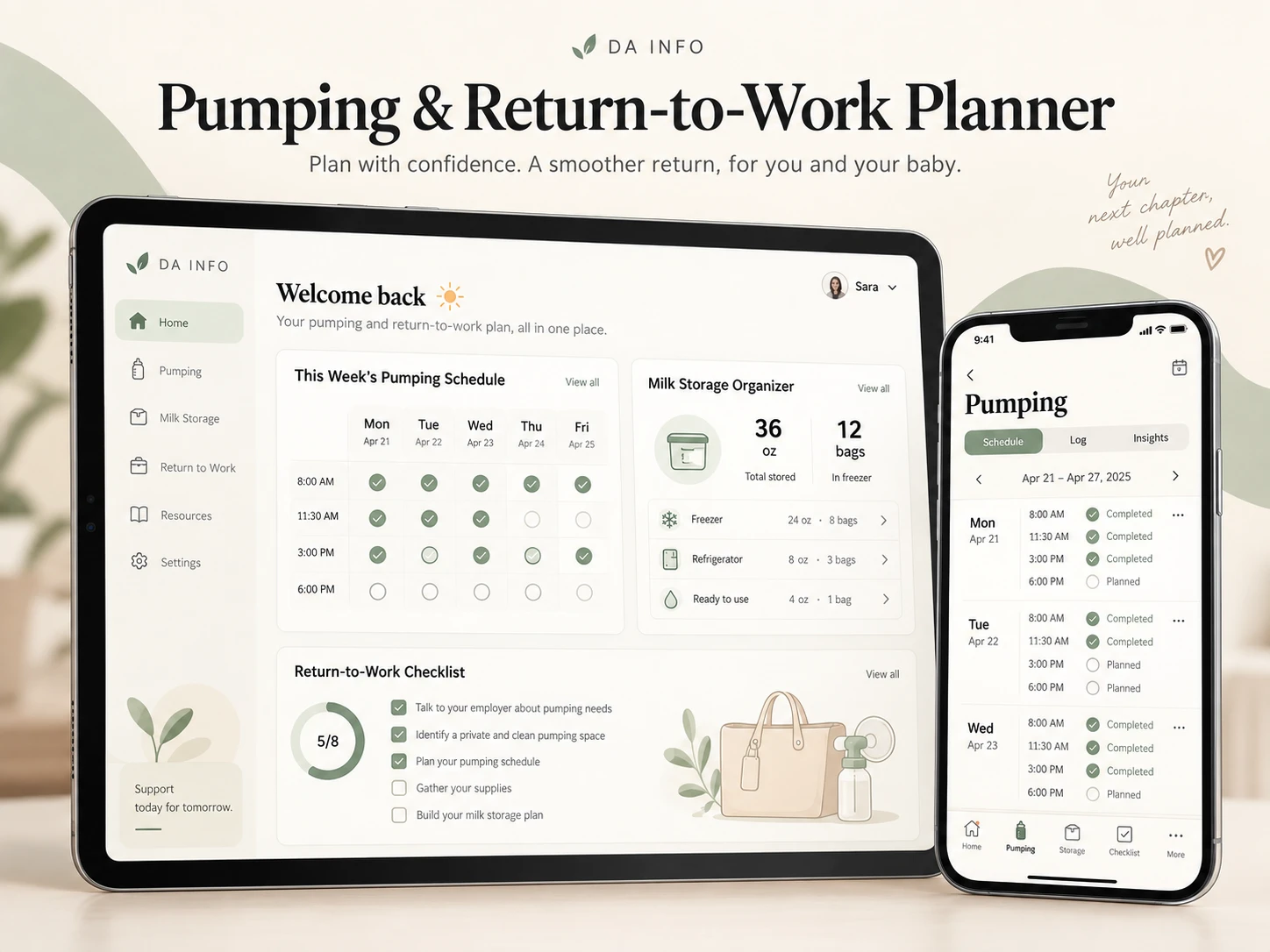Pumping & Return-to-Work Planner app screens