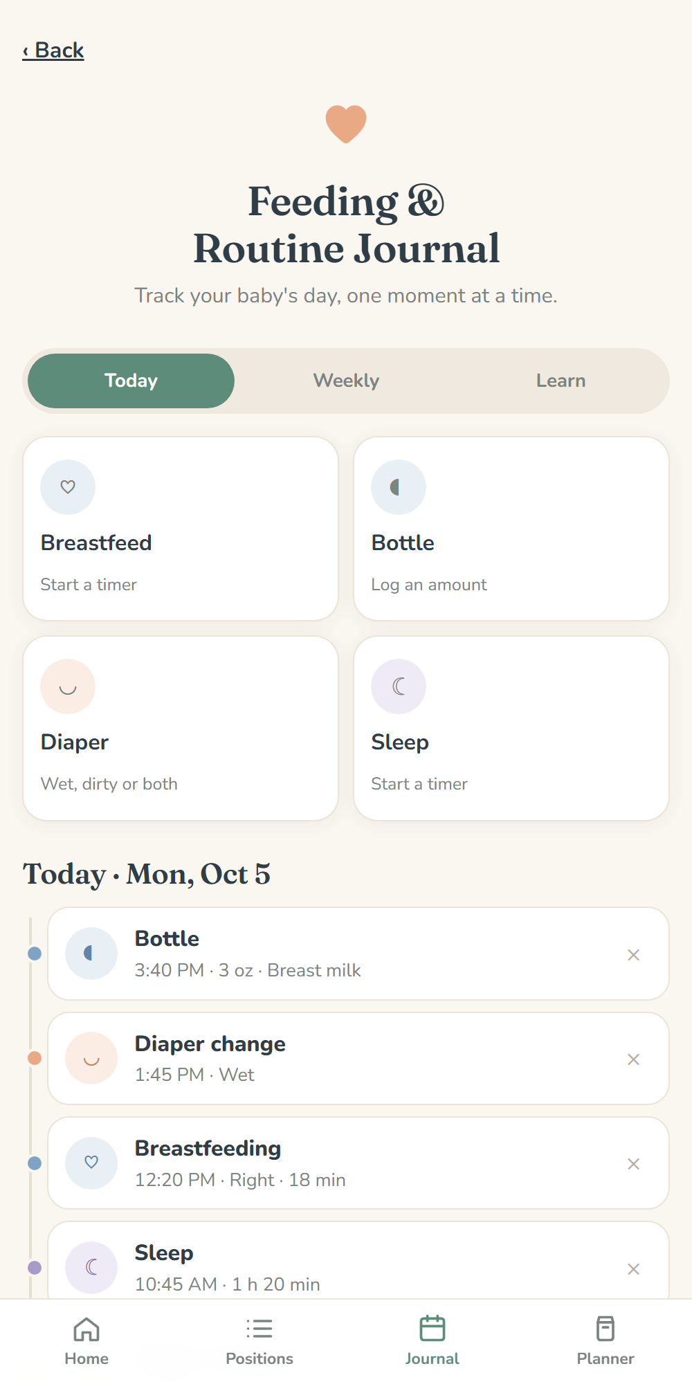Feeding & Routine Journal screen