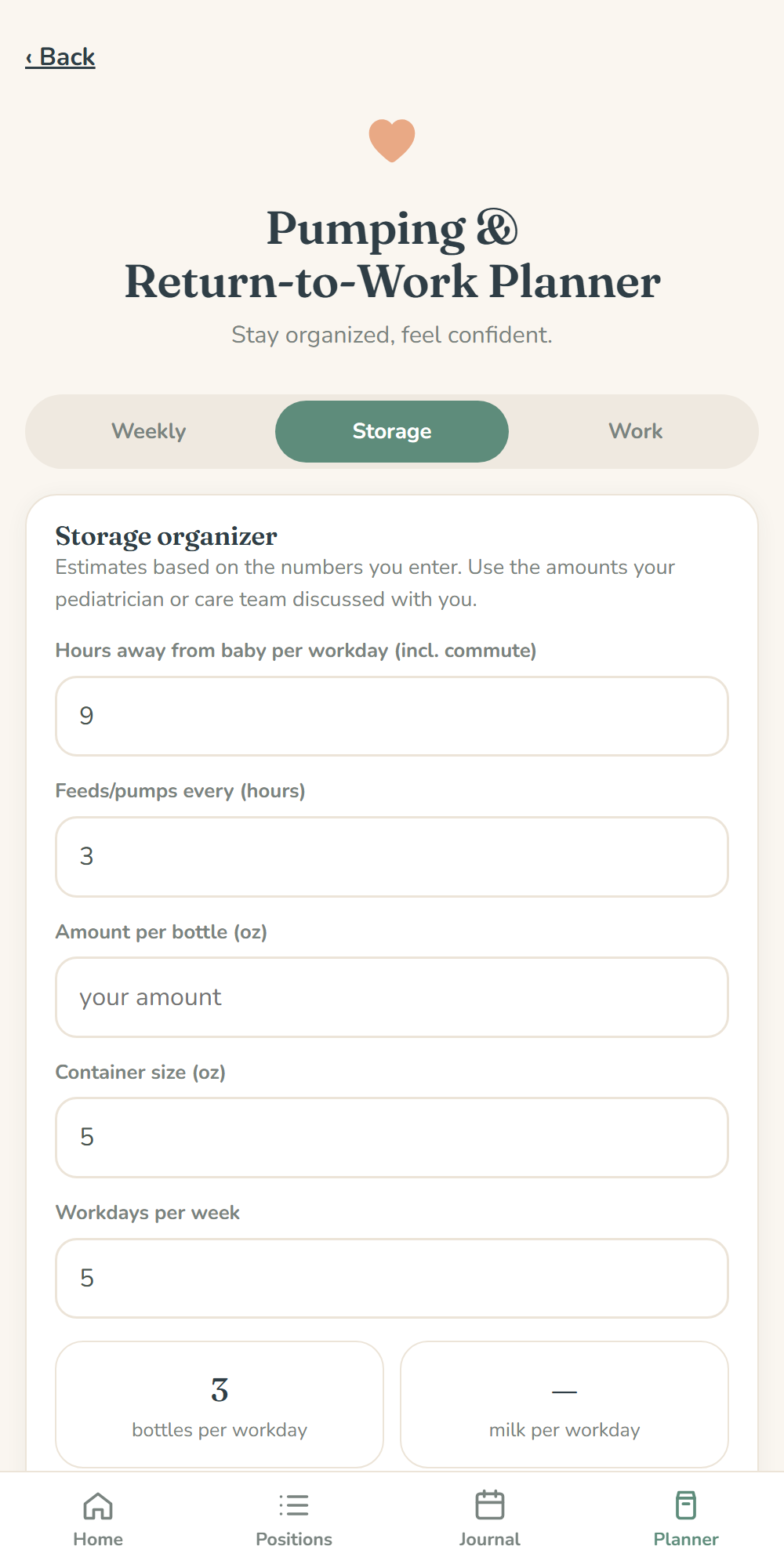 Pumping & Return-to-Work Planner screen