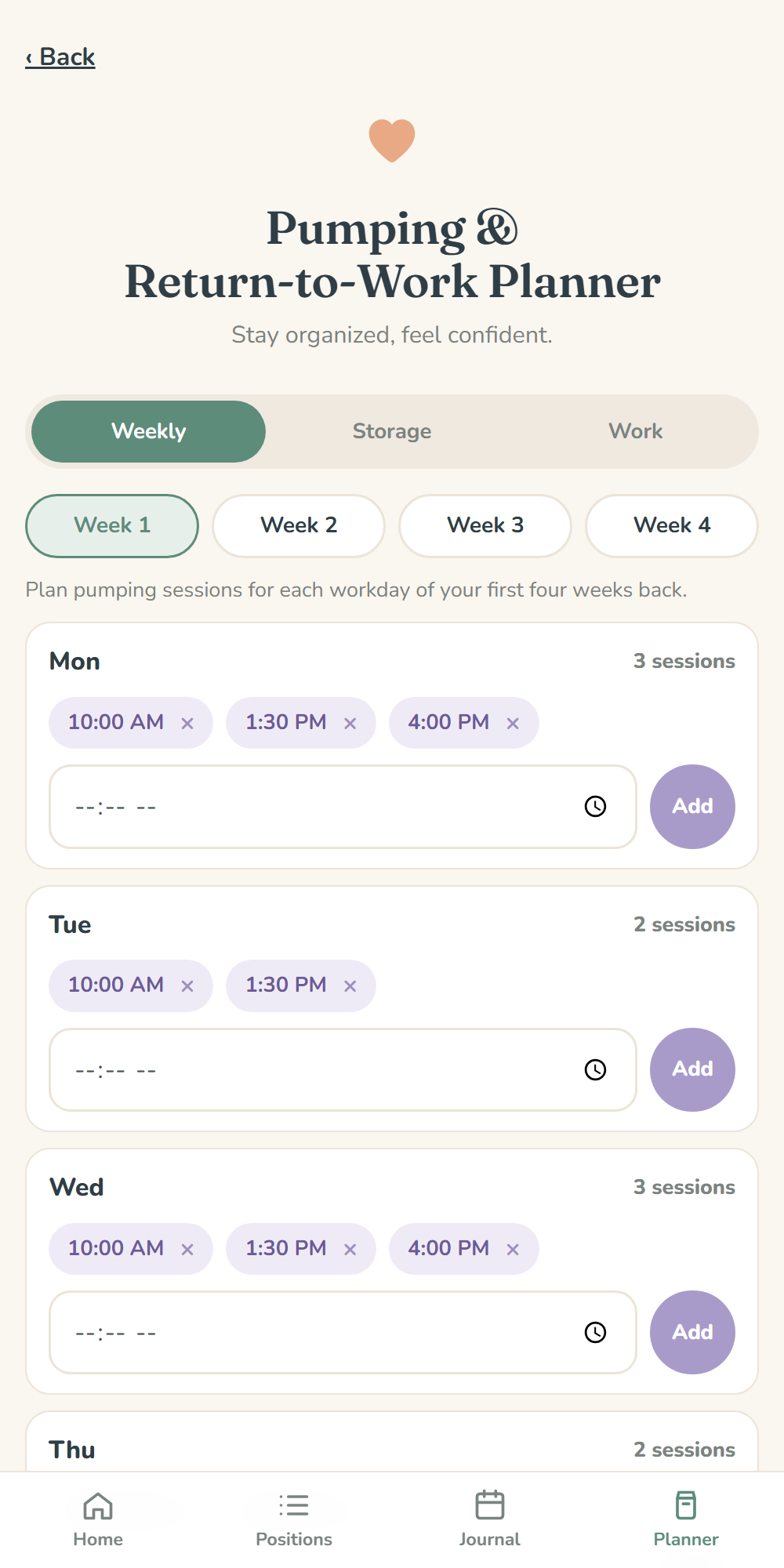 Pumping & Return-to-Work Planner screen