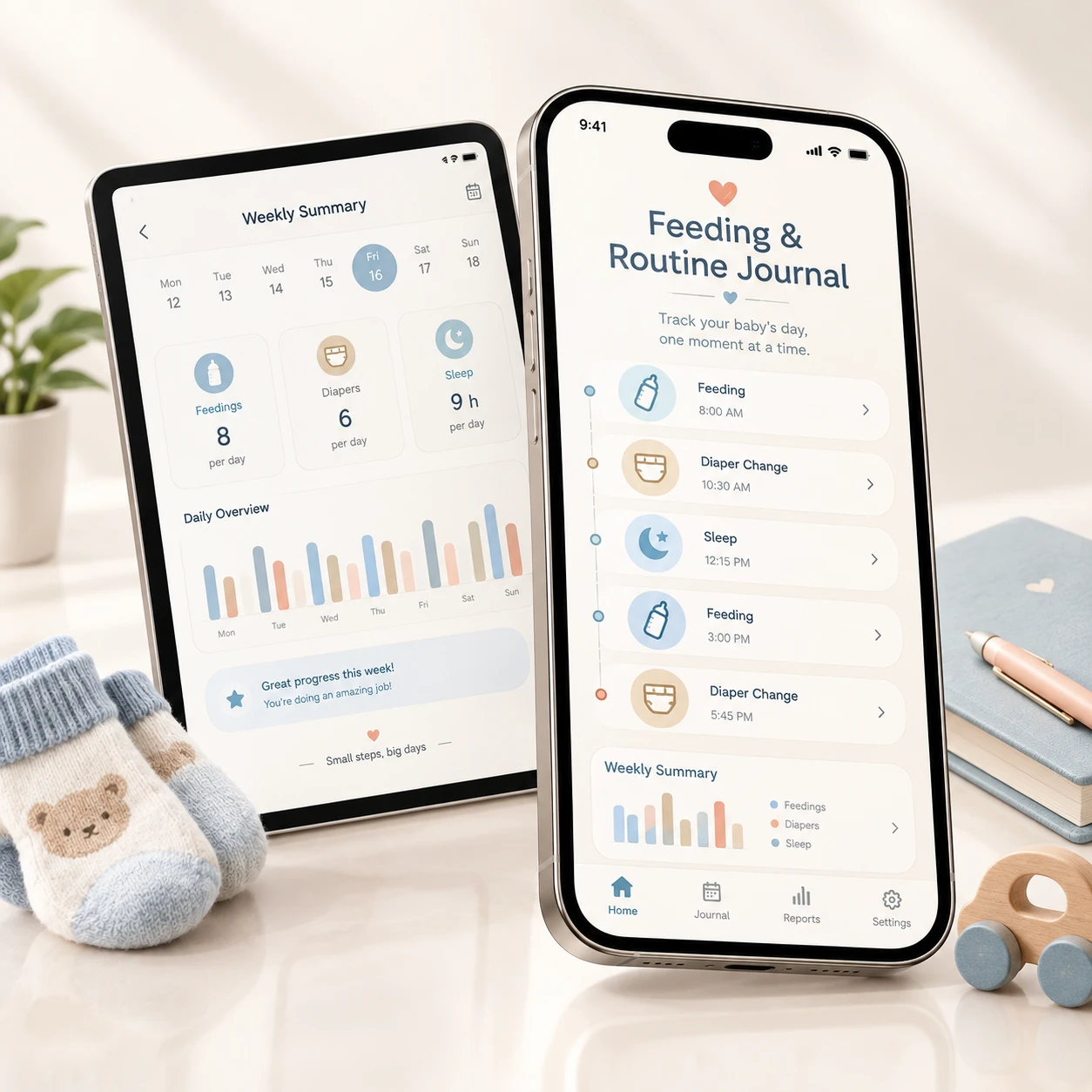 Feeding & Routine Journal on phone and tablet